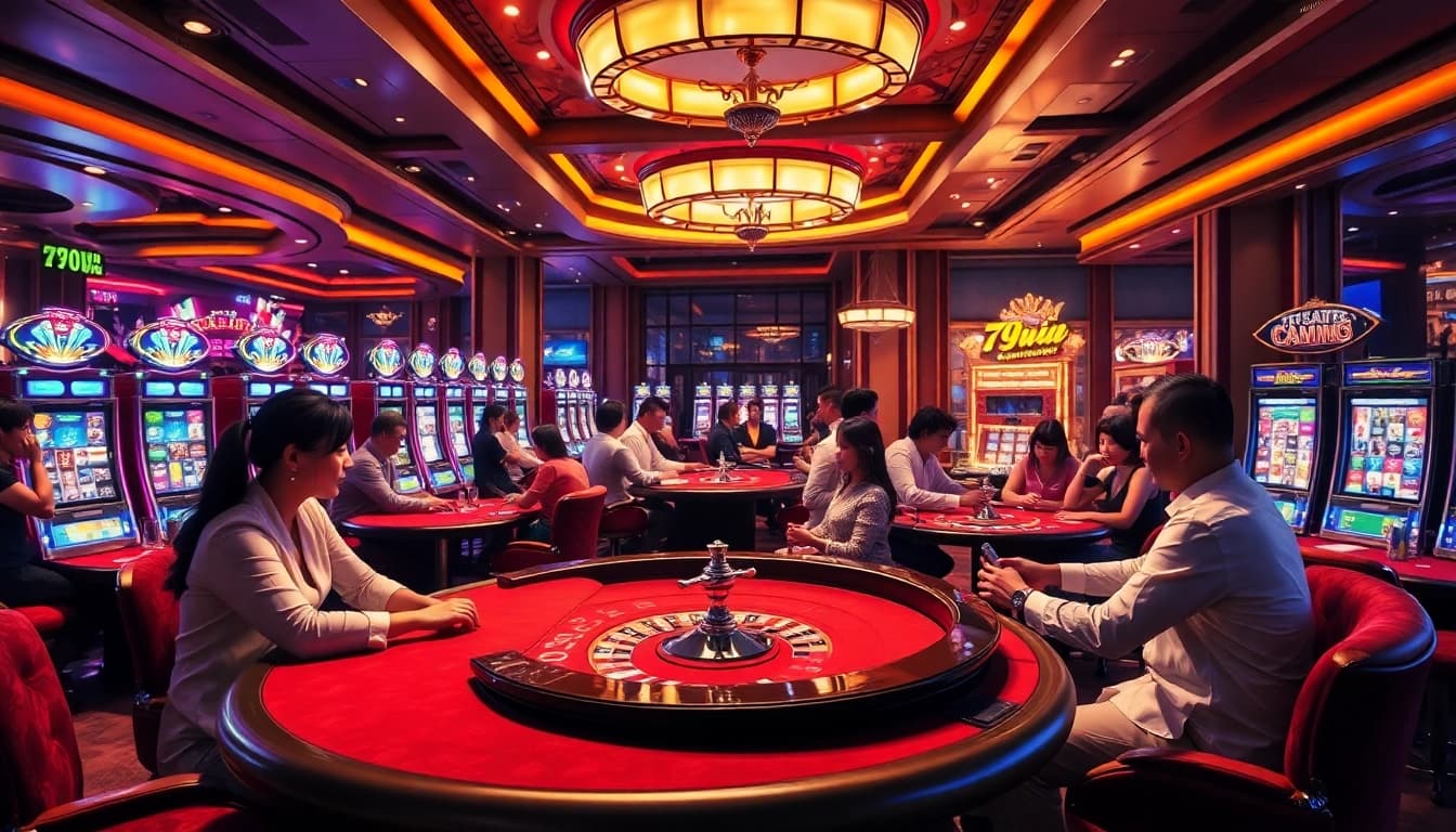 Players at a luxurious 79win casino table, engaged in high-stakes poker.
