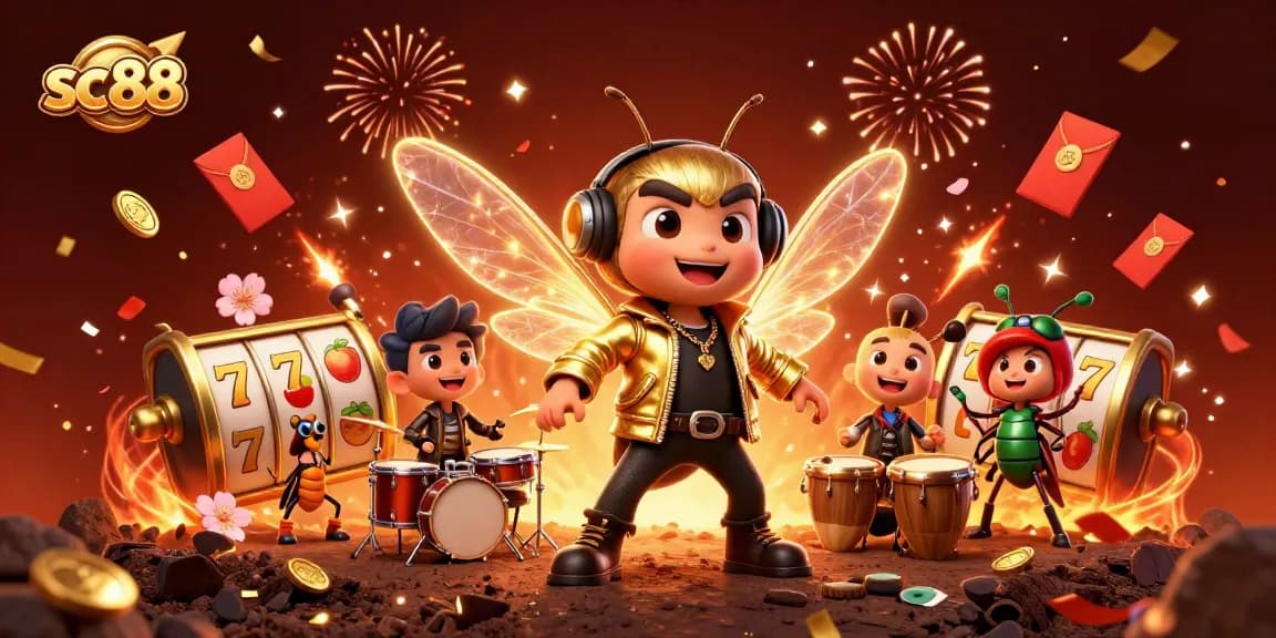Experience sc88 excitement with the vibrant scene of a cicada rock star and jackpot elements.