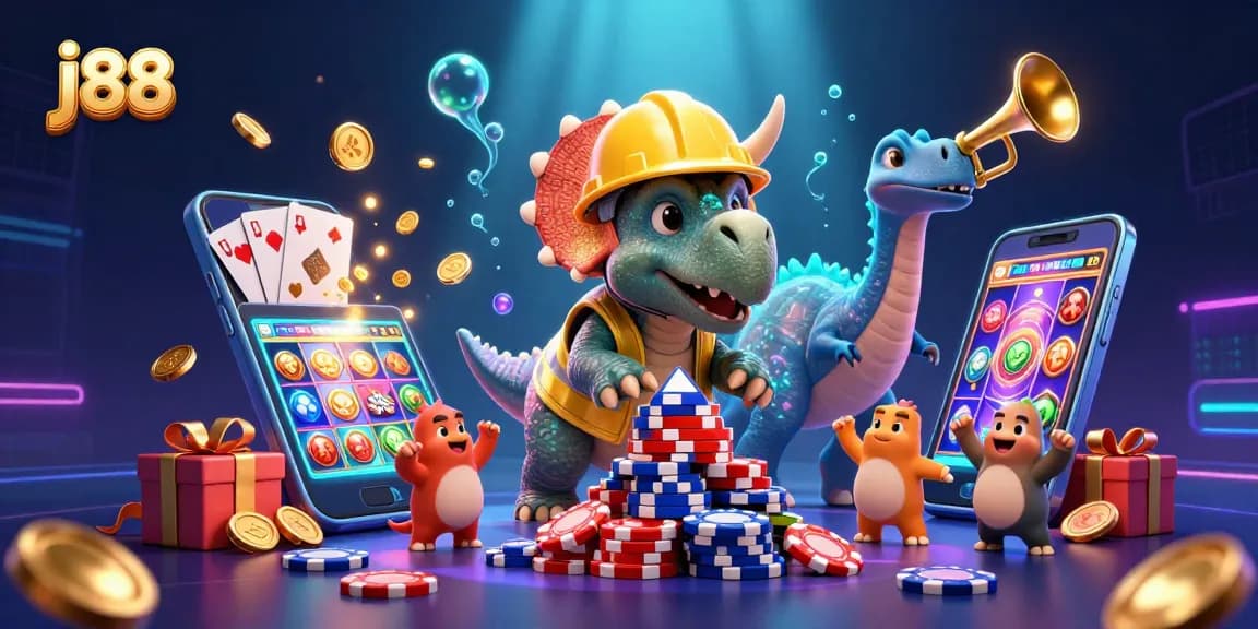 Engage in j88 gaming excitement as triceratops builds poker chips amidst vibrant casino elements.