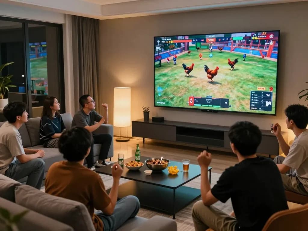 Watch exciting dagatructiepp live chicken fights on a big screen in a cozy living room.
