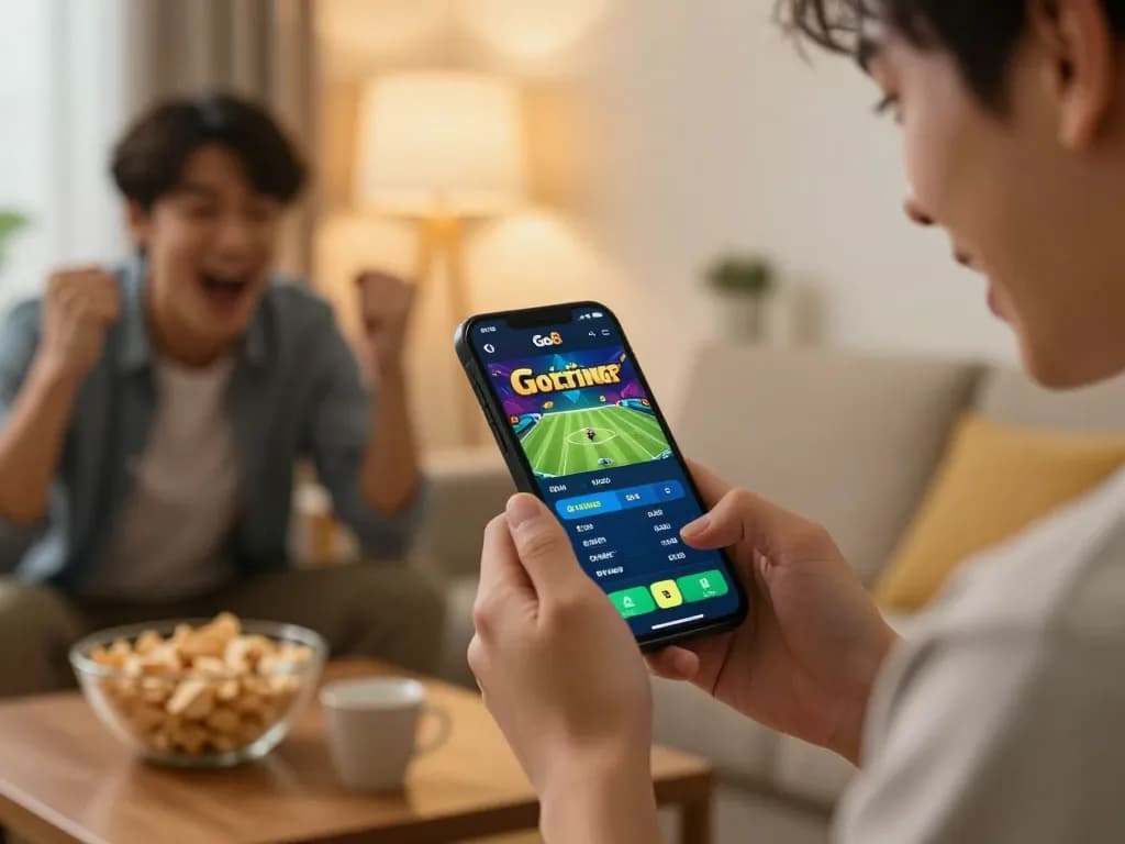 Person placing bets on Go8 app in cozy home environment during sports event.