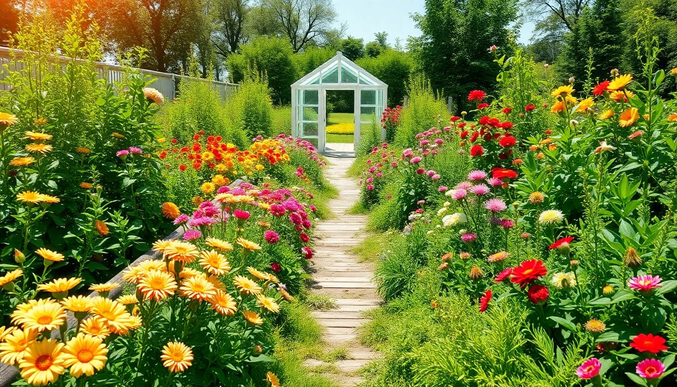 Gartenbaubetrieb mit bunten Blumen und frischen Pflanzen in einem sonnigen Garten.