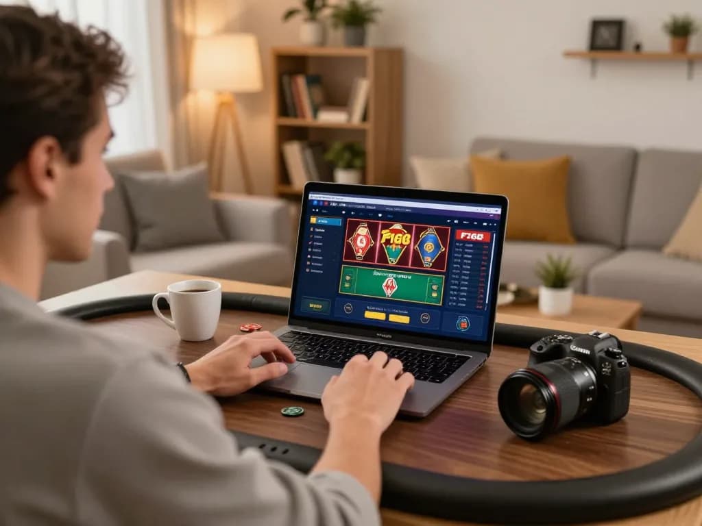 Player engaging with F168 online casino interface on laptop in a cozy home setting.
