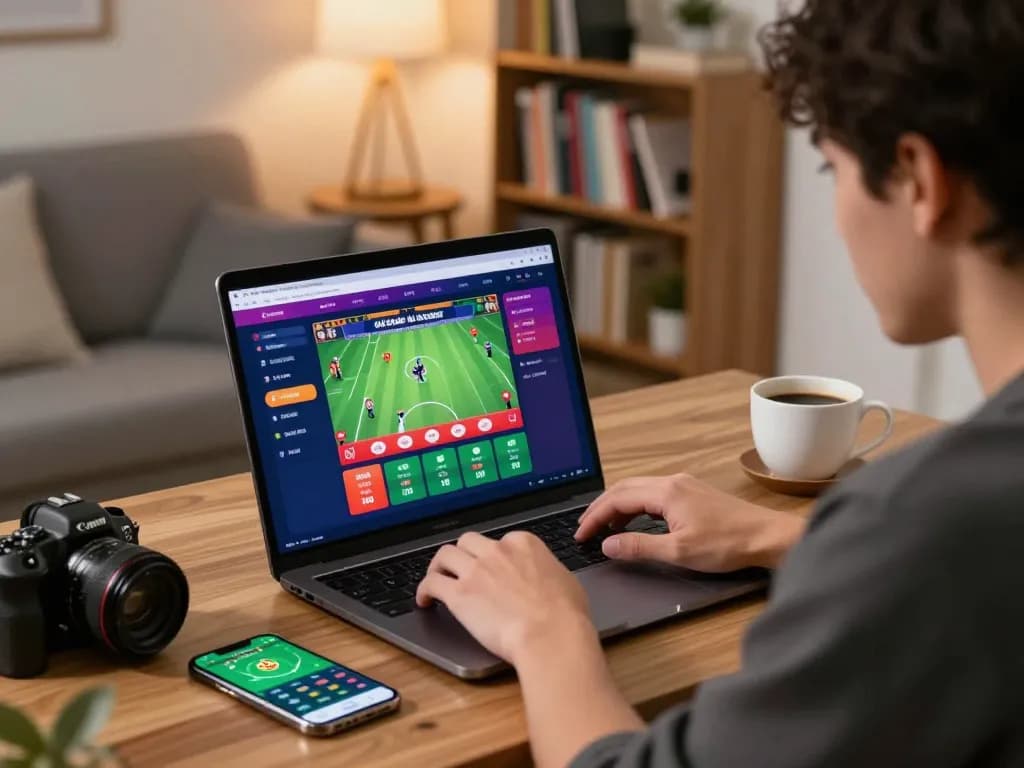 Engaging in đá gà 33win betting on a laptop in a cozy home office.