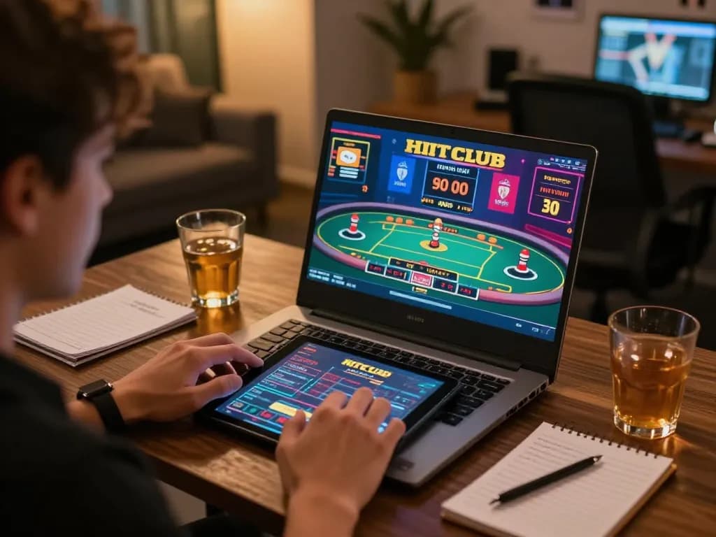 Player engaged in Hitclub online casino gaming with live dealer interface displayed on laptop