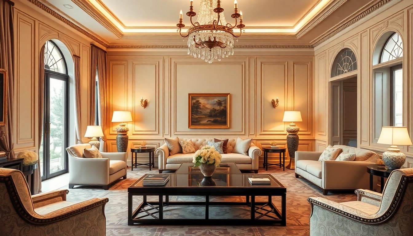 Luxury living room with elegant furniture and warm lighting that exudes comfort and sophistication.