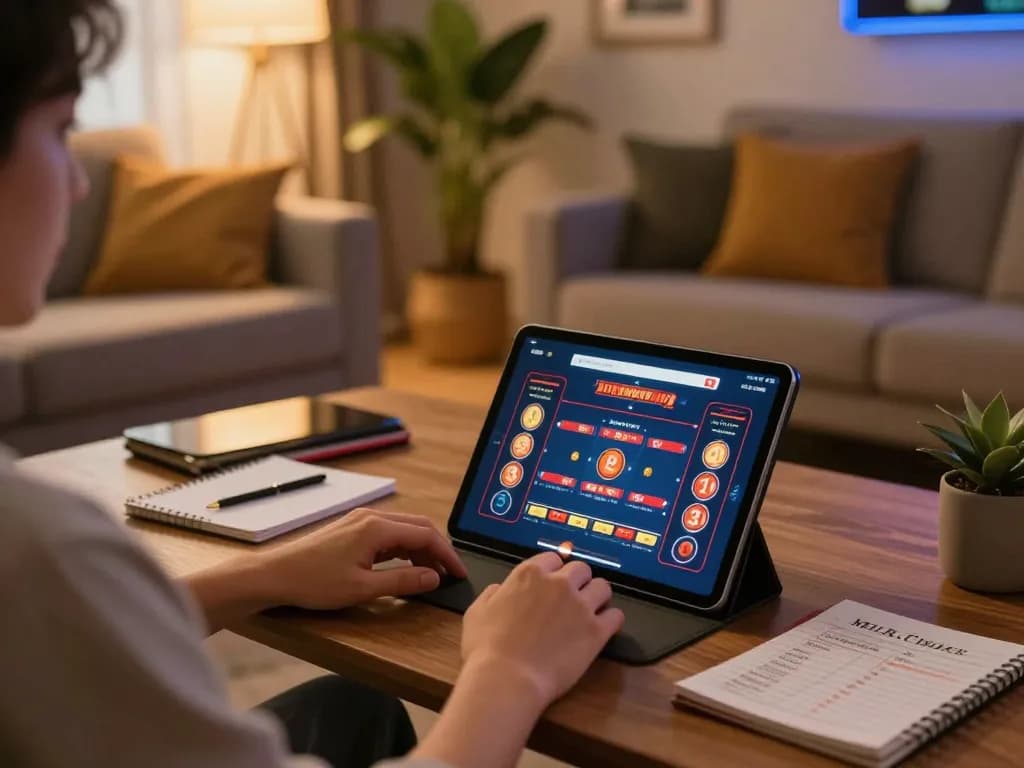 Engaged player at home using https://rr88.center/ on tablet to explore online casino games, highlighting a cozy gaming setup.