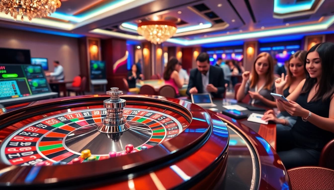 Vibrant QH88 online gambling scene with players engaged in betting on a roulette wheel.