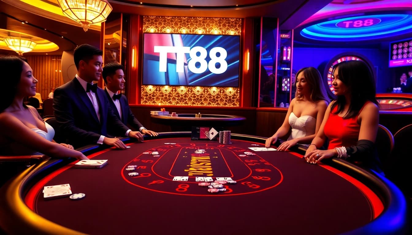 Experience the thrill of TT88 in a luxurious casino environment featuring blackjack, poker chips, and elegance.