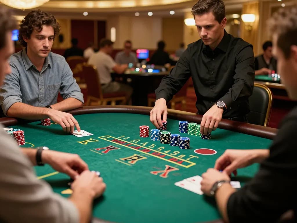 Players strategizing in a thrilling blackjack game at a casino, showcasing sunwin's action.
