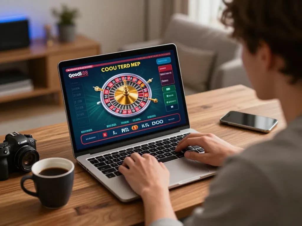 Person engaging with live dealer roulette on laptop, enjoying online gaming with good88.