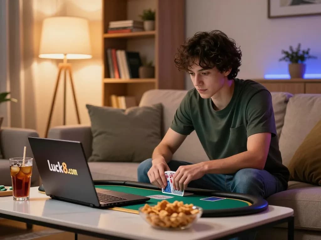 Engaging in online poker on luck8.com, with a cozy home gaming atmosphere and focus on strategy.