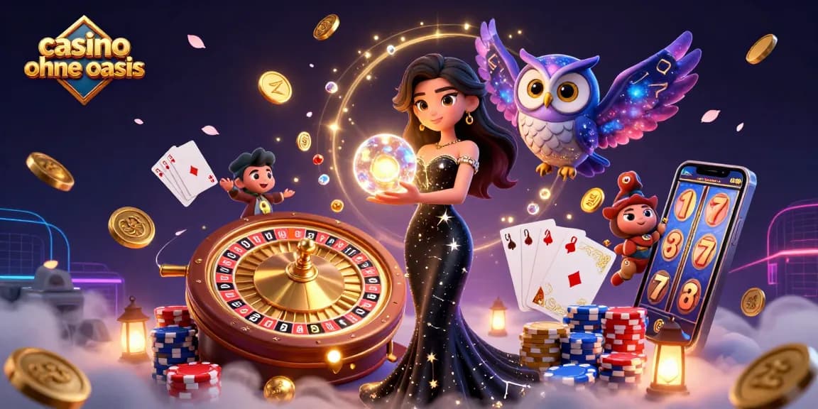 Engaging scene of casino ohne oasis with stunning woman, owl, and vibrant gaming elements.