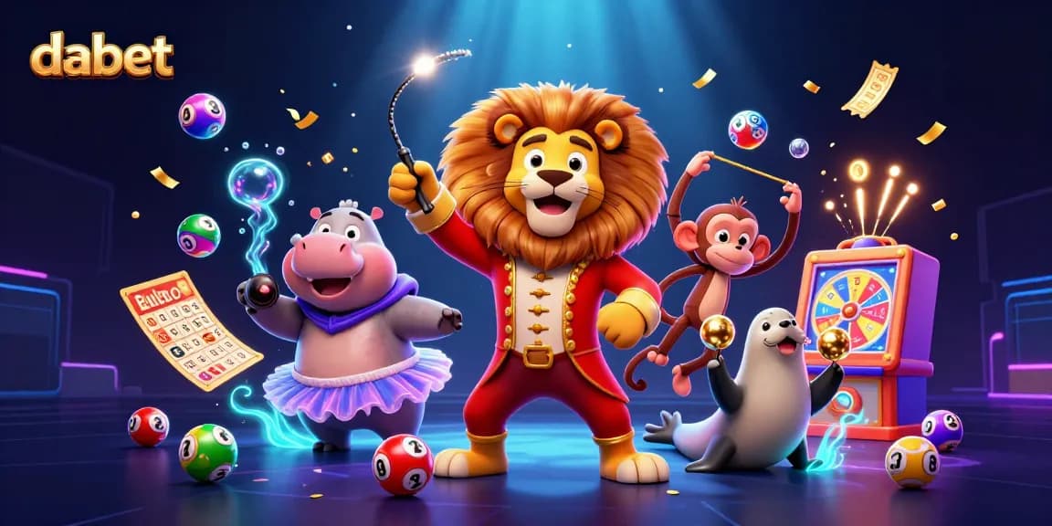 Dabet's vibrant scene showcases a circus ringmaster lion, casino elements like bingo cards, and energetic lottery balls.