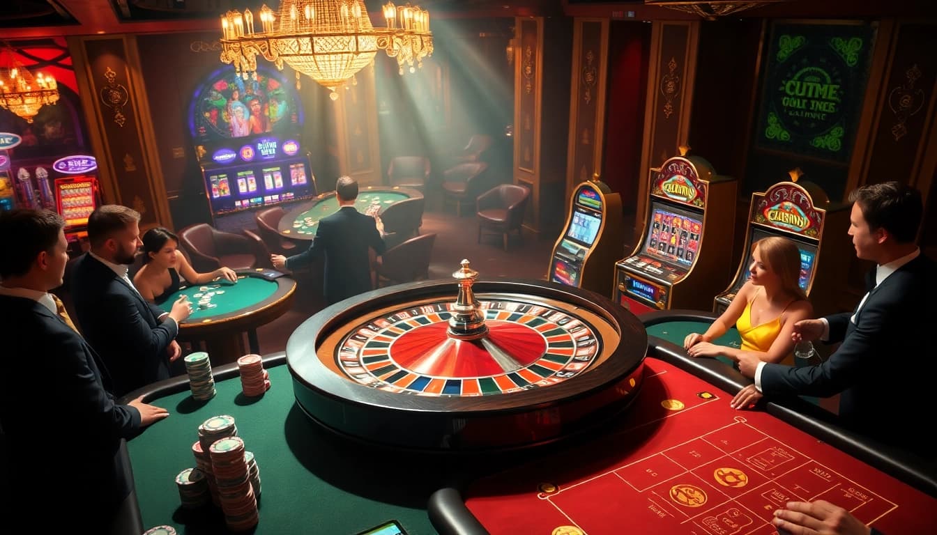 The thrilling atmosphere of https://oxbet.channel/ showcasing a luxurious casino scene with roulette, poker, and vibrant slot machines.