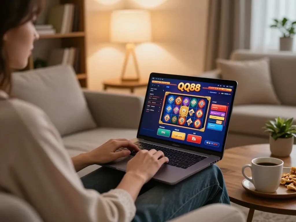 Engaging online gaming experience at QQ88 with vibrant casino interface on laptop, cozy home atmosphere.