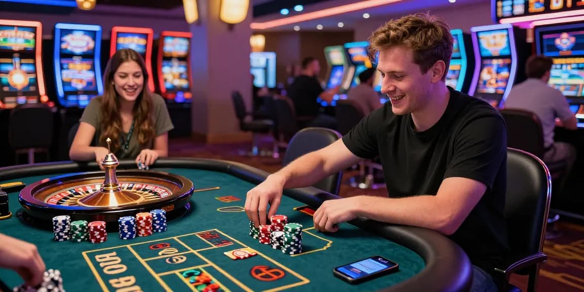 Spannender Moment in einem Paysafe Card Casino mit Spielern, die an Roulette teilnehmen und die Paysafe-App nutzen.