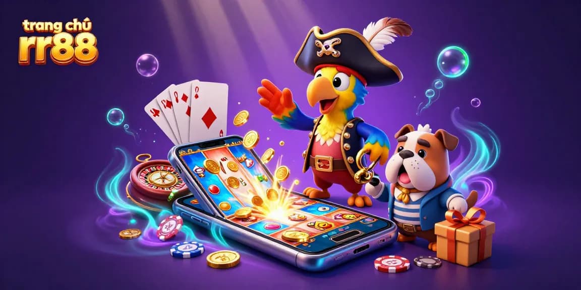 Engage with the exciting world of trang chủ rr88, featuring colorful slot games and dynamic characters in a lively casino scene.