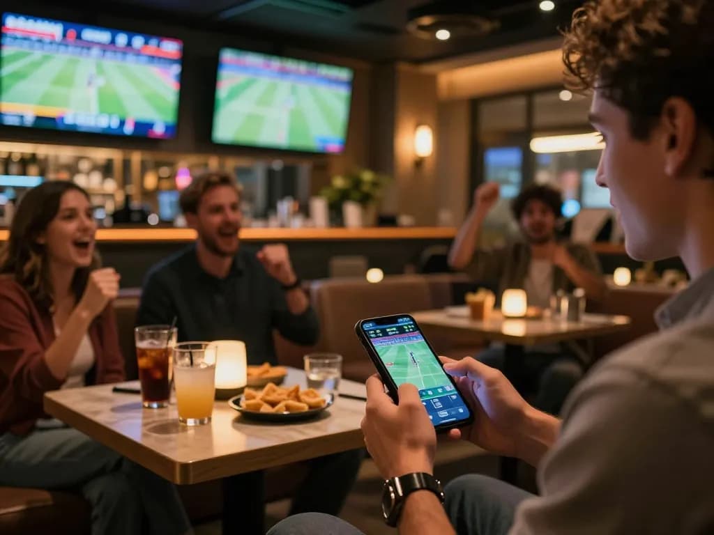 Person placing bets on sin88 while watching live sports at an upscale bar with friends.