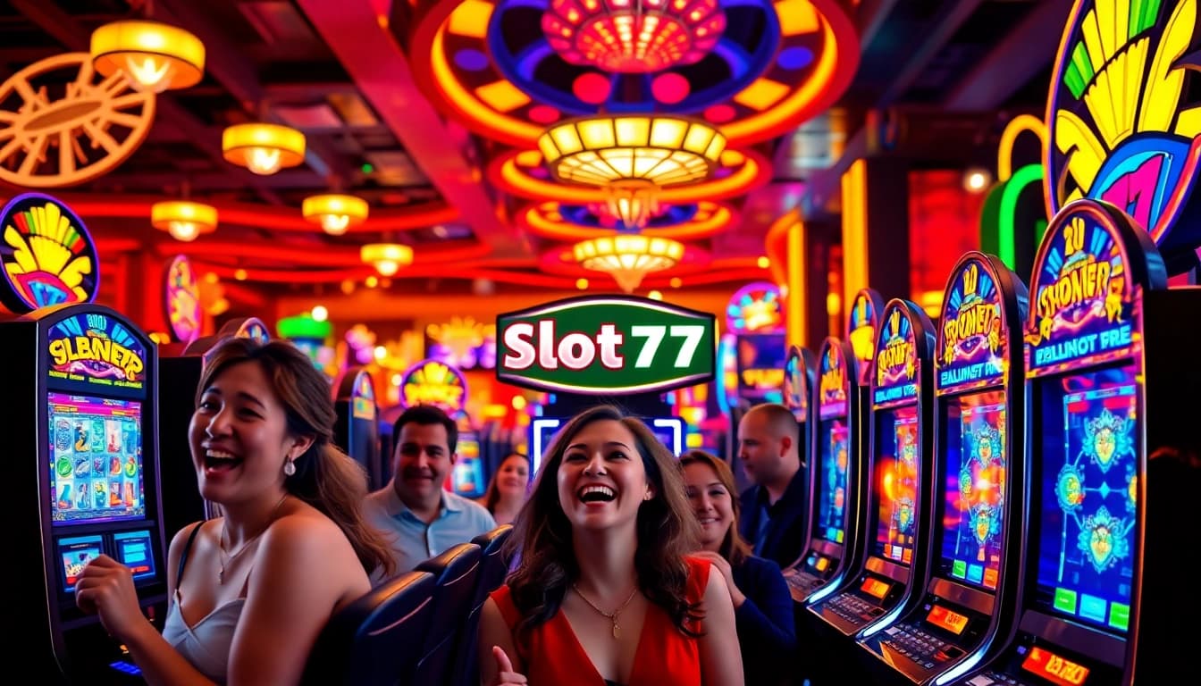 Menangkan Slot77 dengan senyum ceria pemain di kasino yang berwarna-warni.