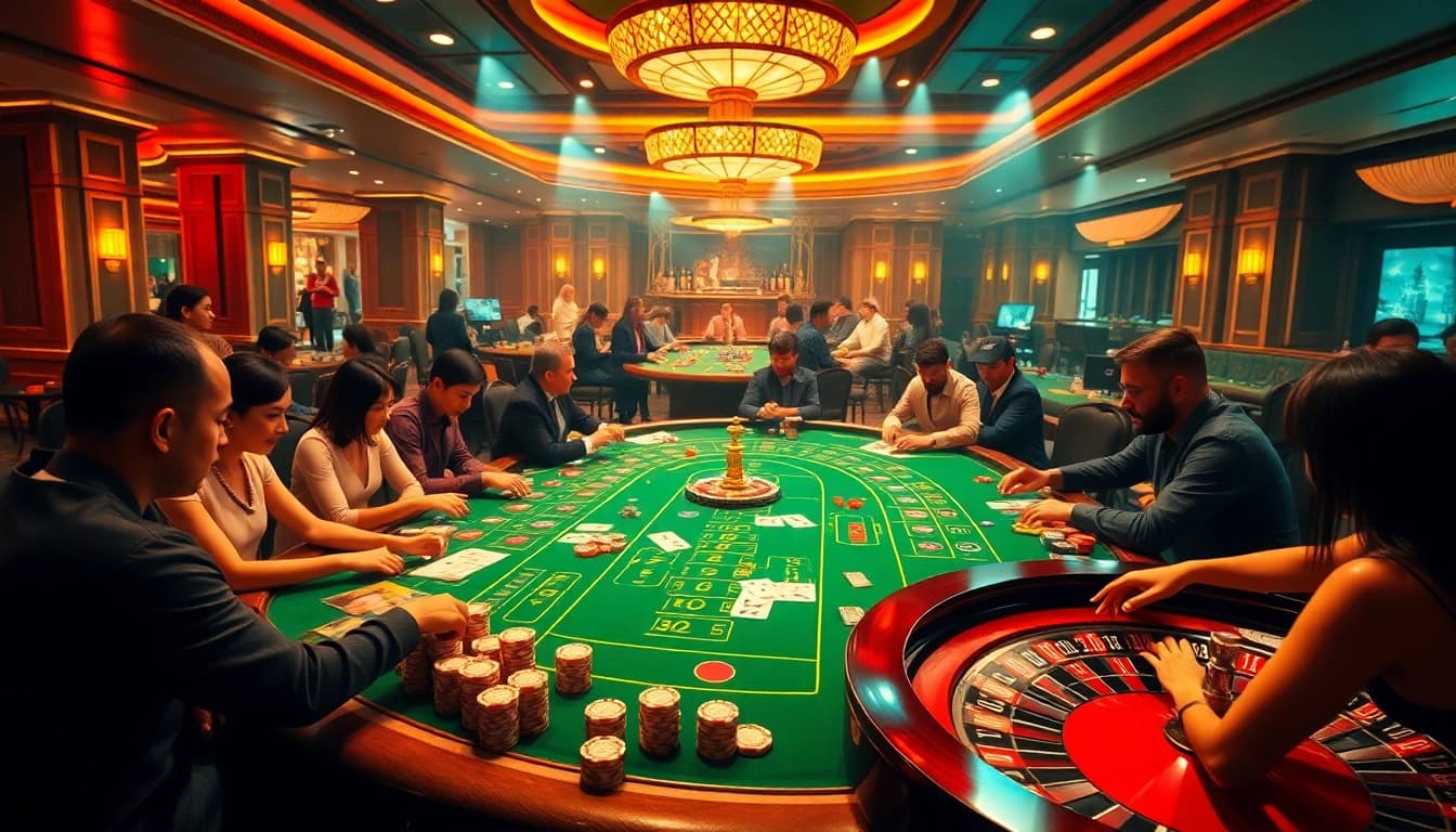 Xin88 casino scene with vibrant tables, chips, and players enjoying high-energy games.
