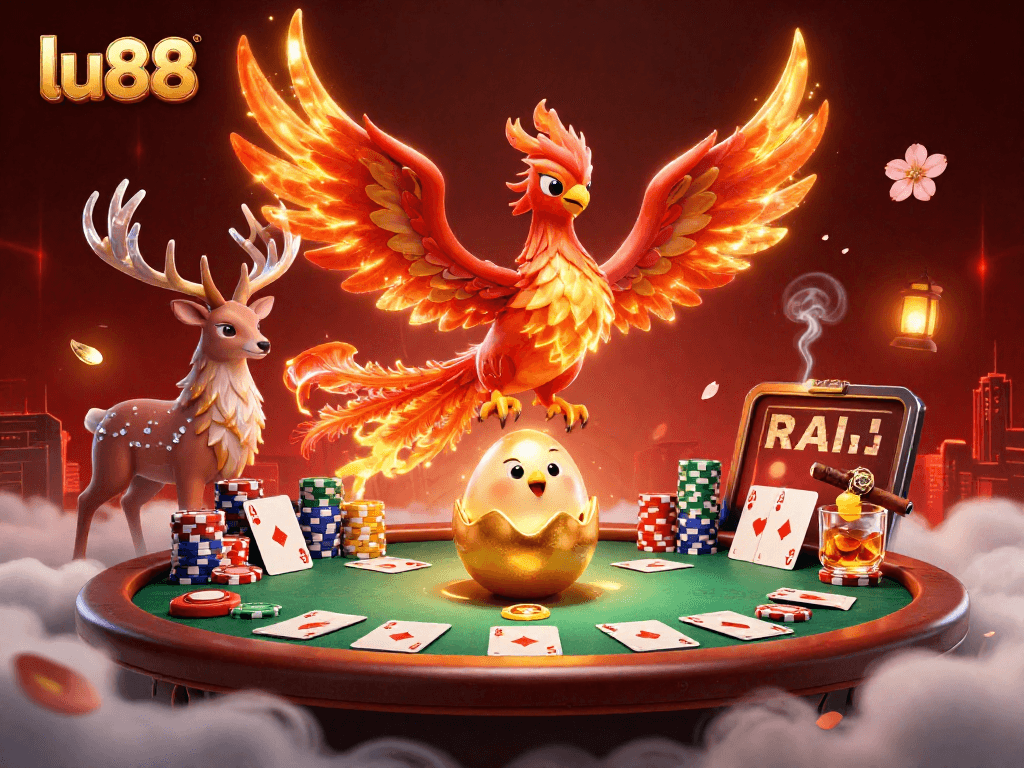 Experience the thrill of LU88 with a vibrant poker scene featuring a phoenix and mystical stag.