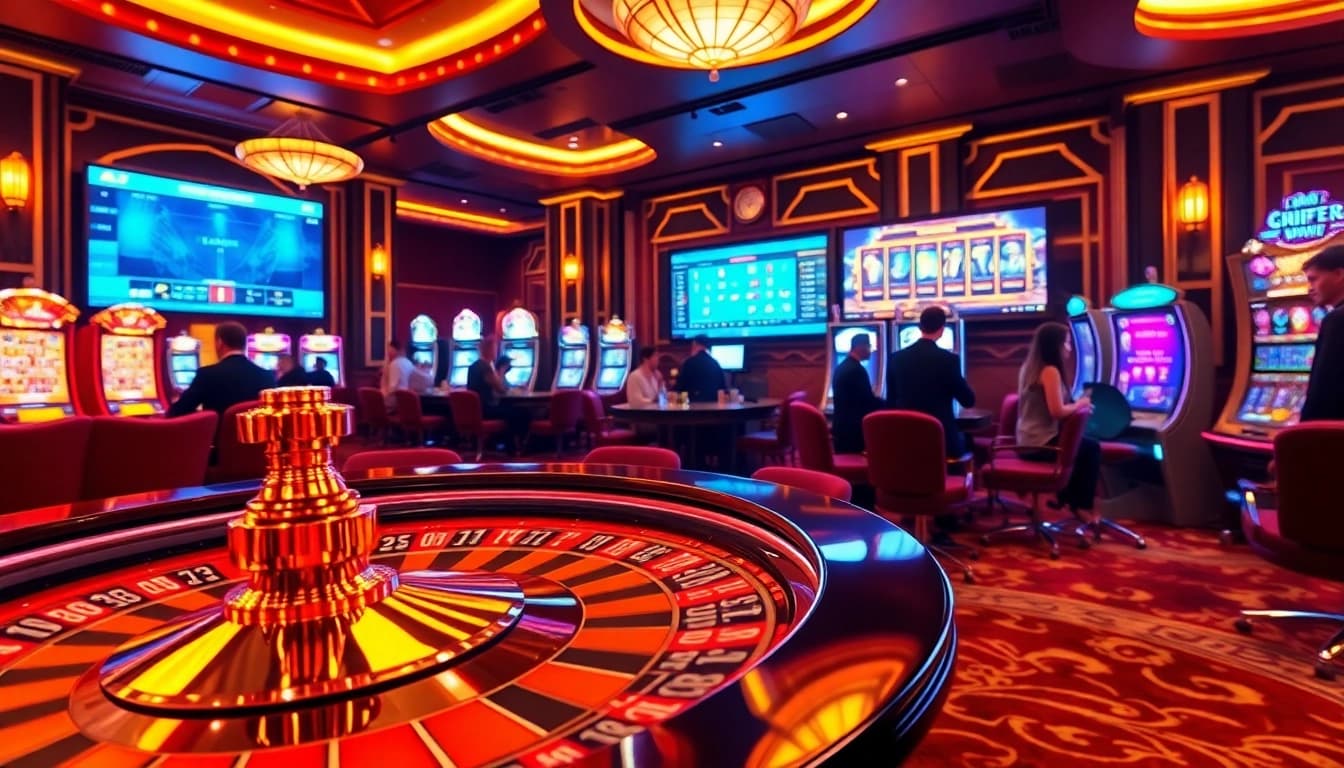 Engage in thrilling online gambling at https://rr99.uk.com/ with a vibrant casino scene featuring roulette and slot machines.