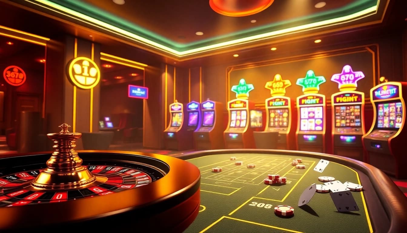 Exciting gambling scene at 6666bet with digital roulette, poker table, and lively casino atmosphere.
