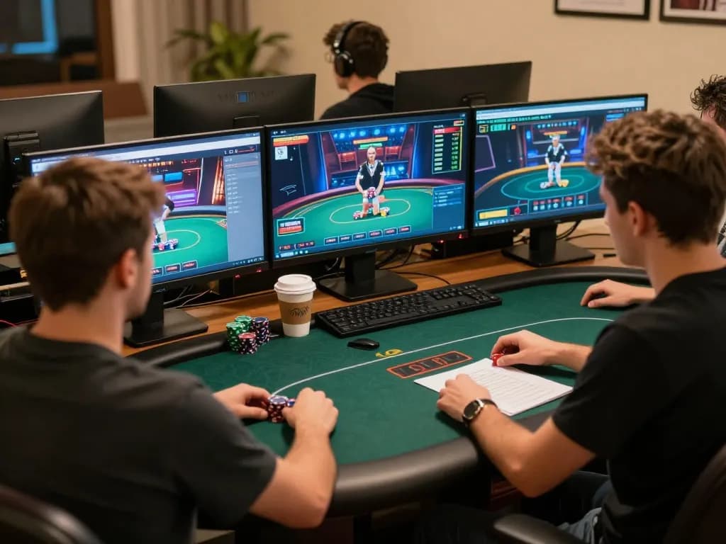 Players engaging in strategic online poker game on hubet interface, showcasing an organized gaming setup.