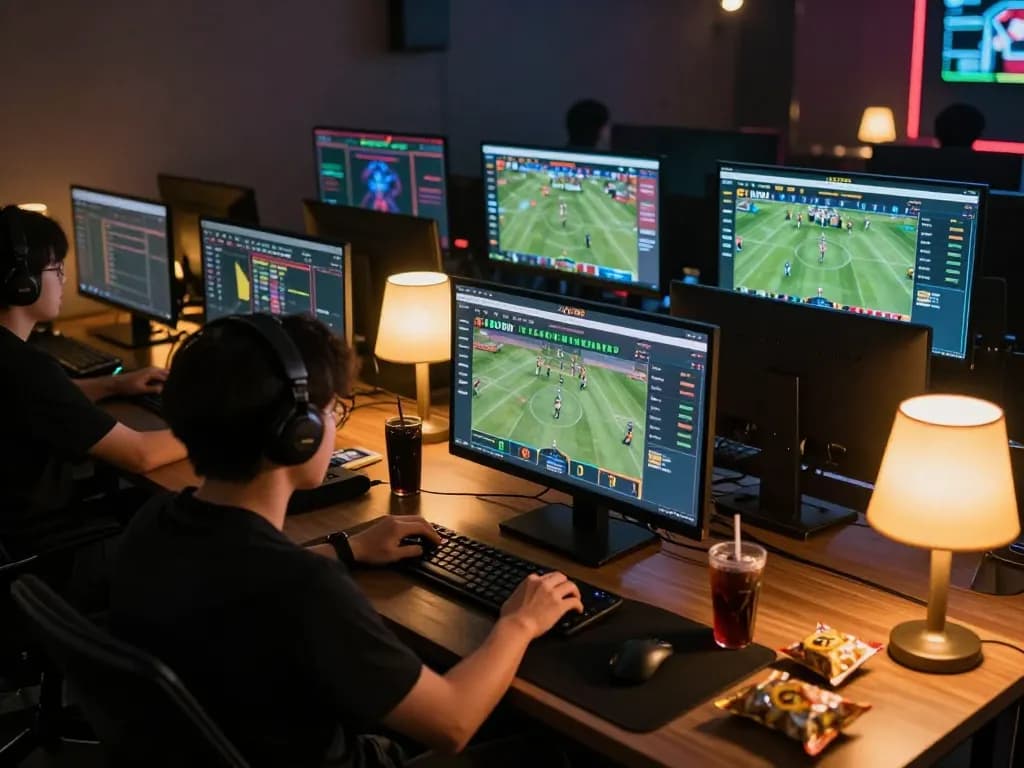 Alo789 user engaging with live betting interface at home with multiple screens displaying sports events.