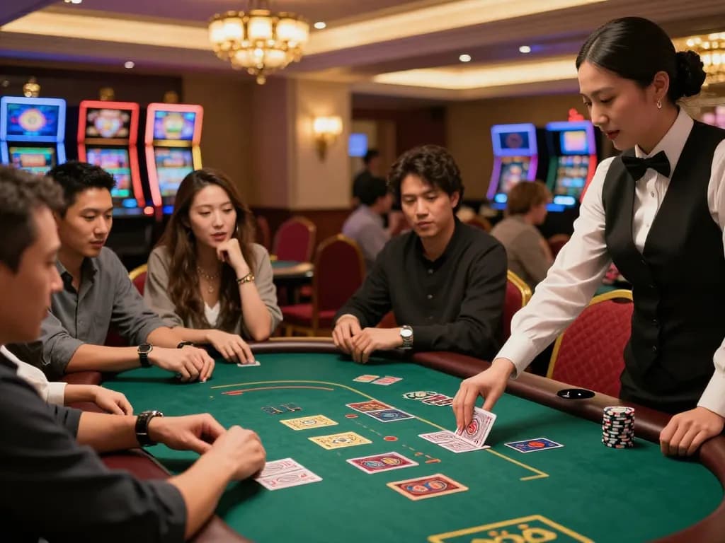 Players at a blackjack table strategizing their bets in an upscale casino, embodying the excitement of mb668 gaming.