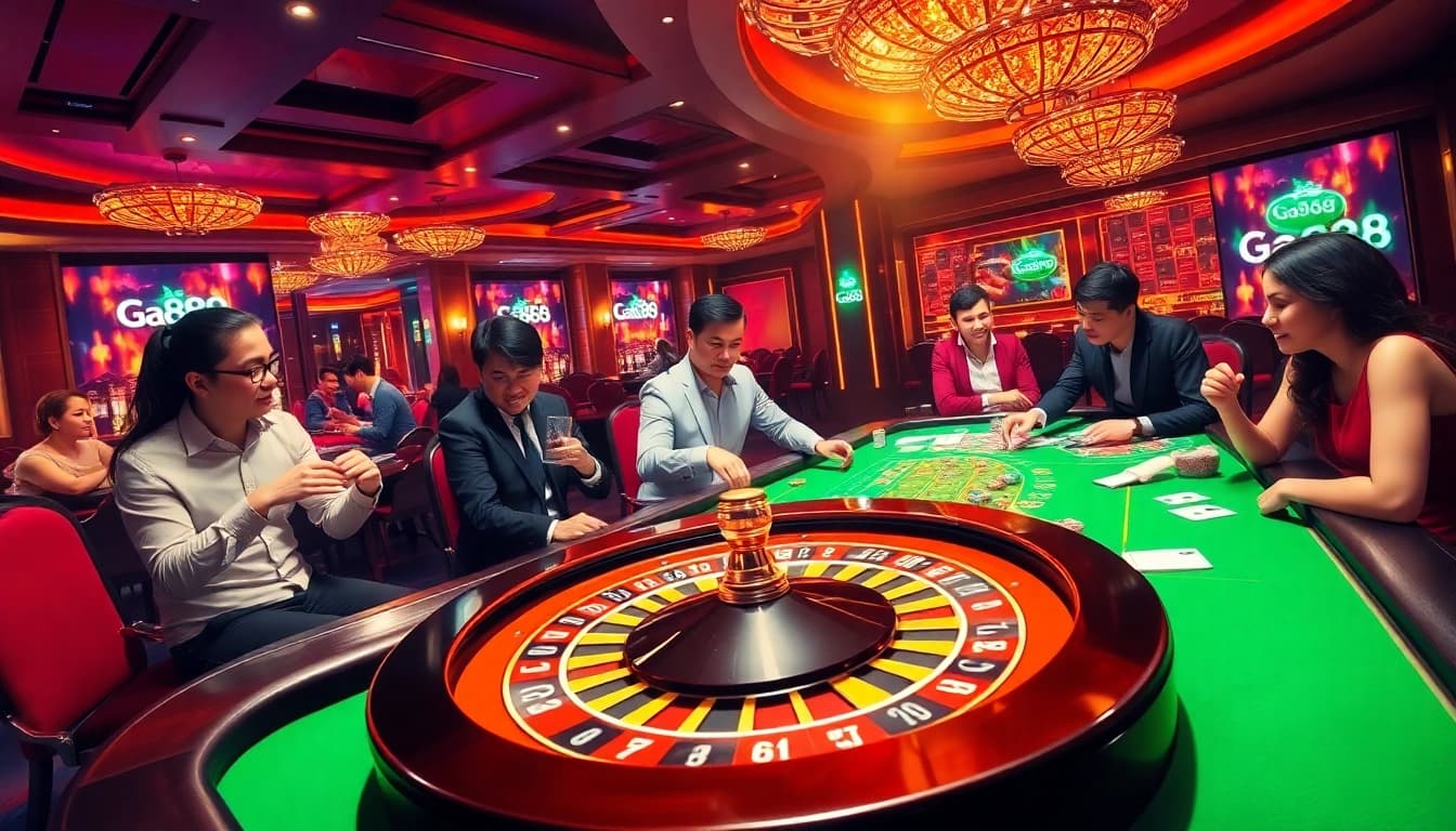 Engaging players enjoy intense action at Ga888's luxurious casino, showcasing cards and roulette.