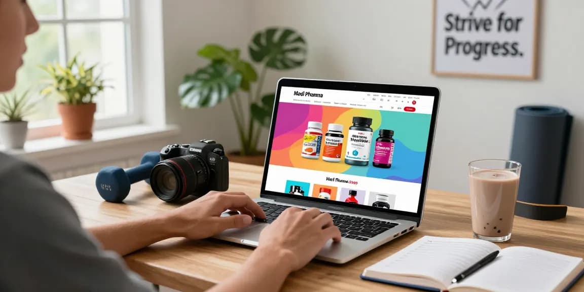 Online-Shopping-Erlebnis im Medi Pharma Shop, das anabole Steroide und Fitnessprodukte in einem gemütlichen Homeoffice für Gesundheitsbegeisterte zeigt.