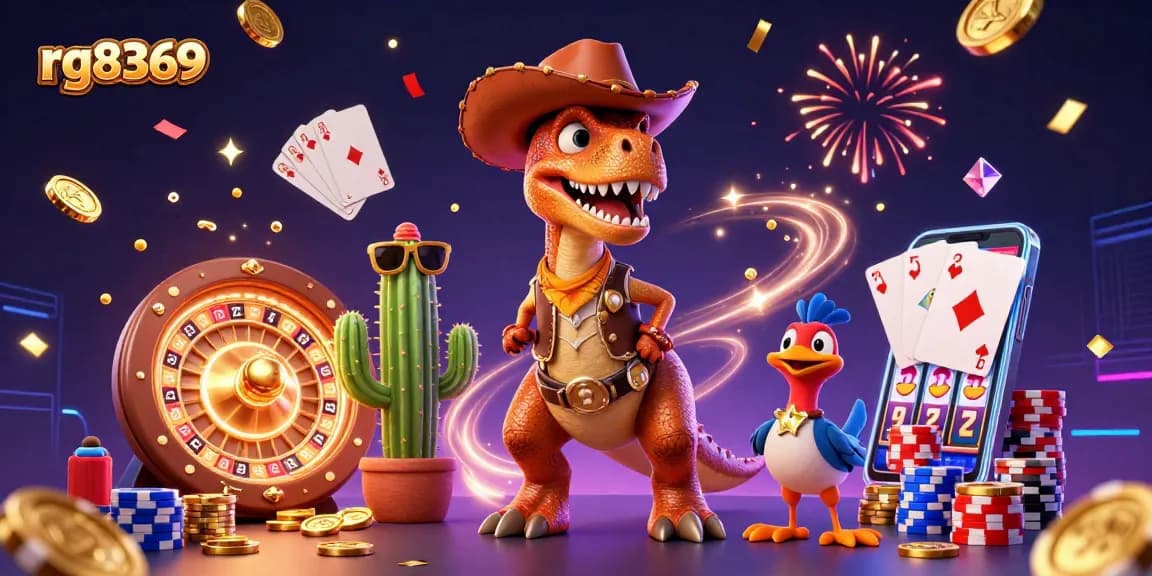 Experience thrilling gaming with rg8369 featuring a vibrant scene of a cowboy T-Rex and friends in a casino!
