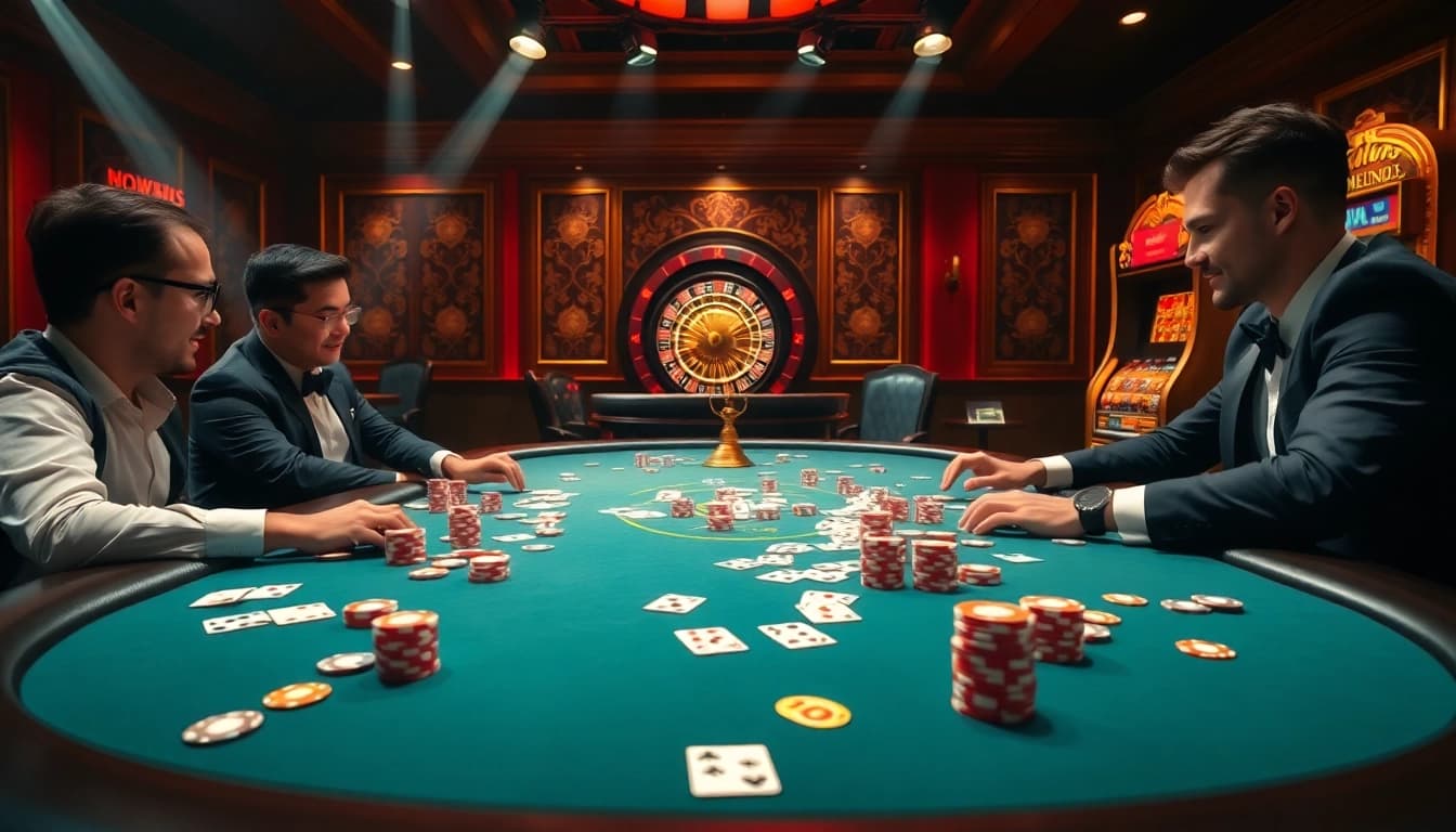 SC88 poker scene with players, chips, and roulette wheel showcasing excitement.