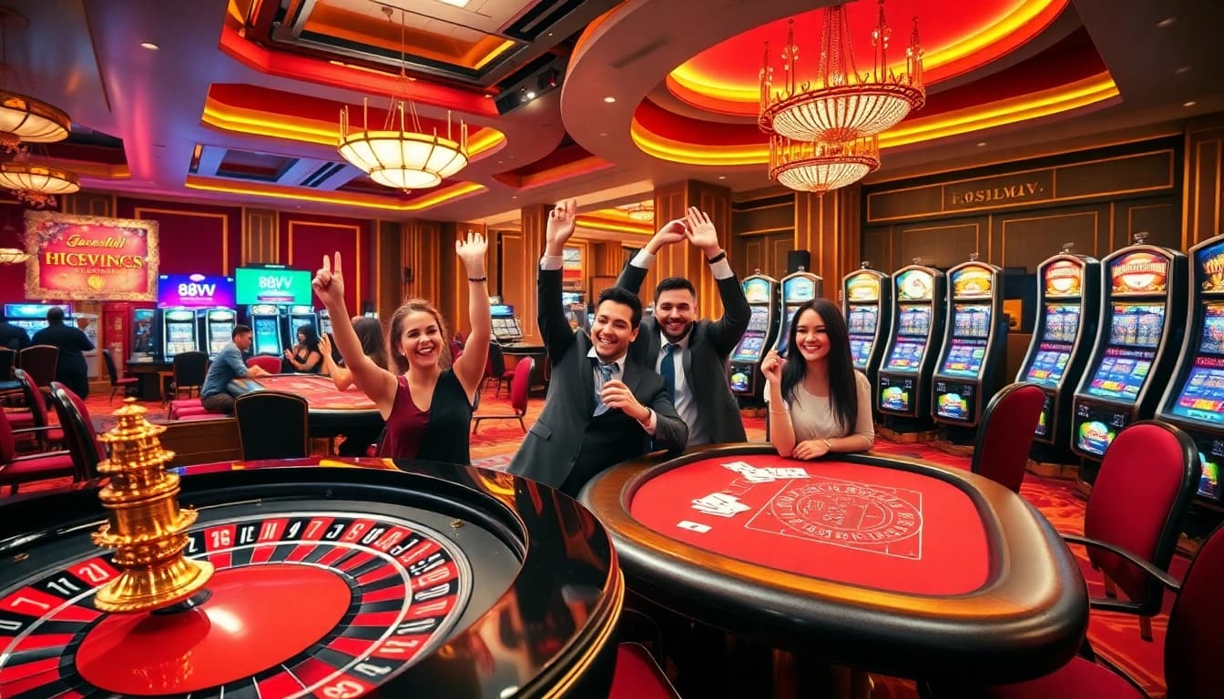 Players celebrating wins at 88VV casino, capturing the excitement and luxury of gambling.