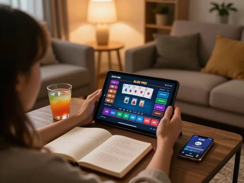 Engaged player using ALO8 PRO app in a cozy home setup during online gaming.