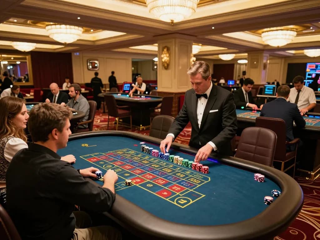 Fesselnde Szene von Spielern an einem Roulettetisch in einem Luxus-Casino, die die Aufregung und Strategie der Immobilienmakler Frankfurt Sachsenhausen zeigt.