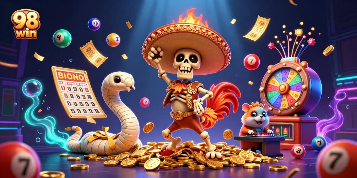 Engage with the vibrant world of 98 win, showcasing colorful lottery elements, exciting slot games, and animated characters.