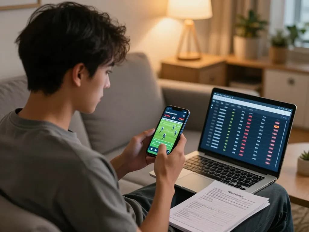 Checking live soccer scores and betting odds on smartphone while managing kết quả bóng đá betting strategy at home