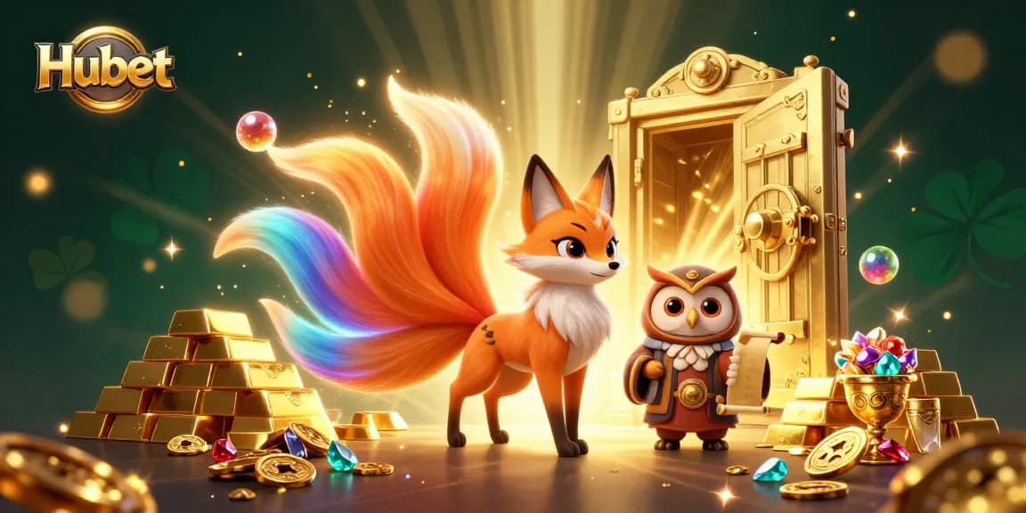 Experience winning with Hubet's vibrant casino imagery featuring a magical fox and treasures.