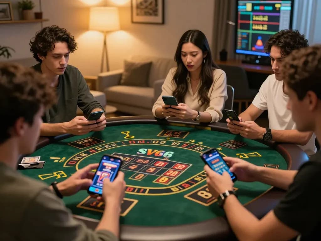 Players engaging with SV66 online casino apps on smartphones, showcasing live betting excitement and gaming diversity.