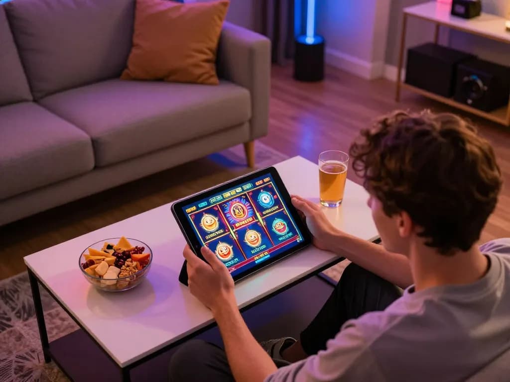 Engaged player enjoying immersive nk88 online slots gaming experience at home.