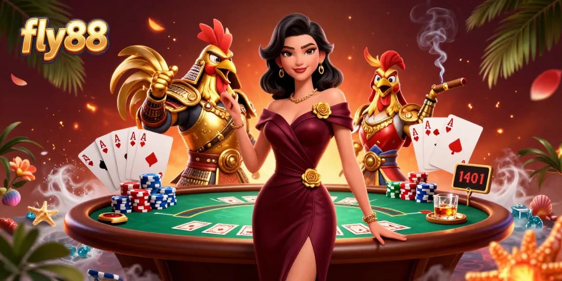 Experience thrilling gameplay at fly88 with a glamorous scene featuring poker elements.