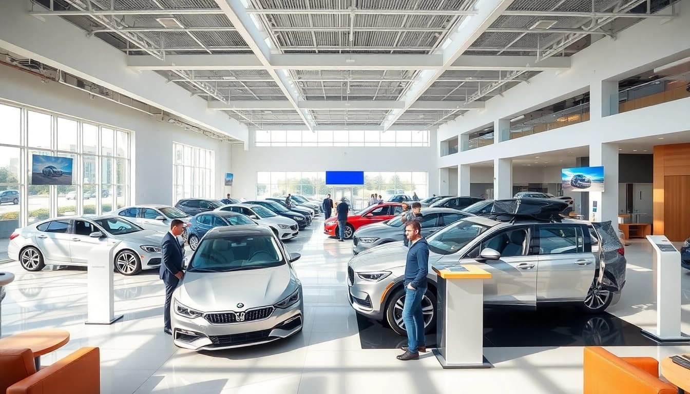Auto kaufen in einem modernen Autohaus mit mehreren Fahrzeugen in einem hellen Raum.