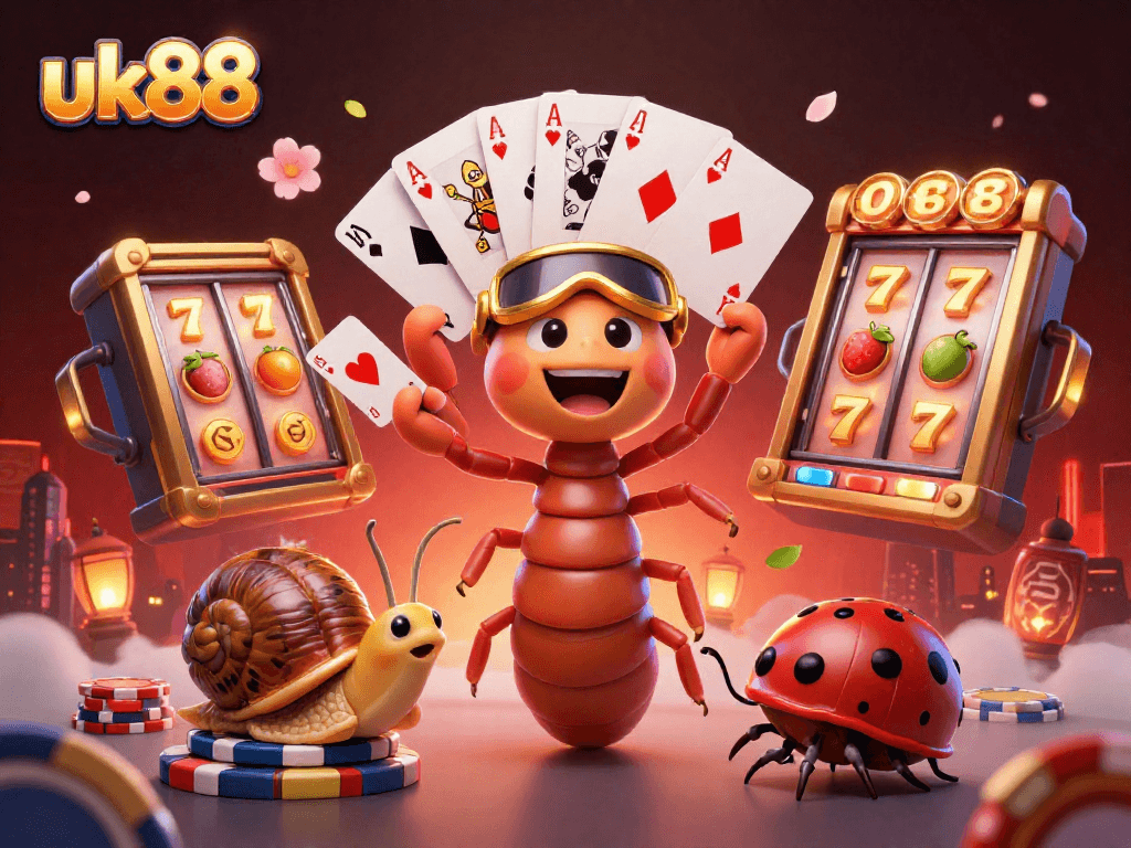 Experience excitement with uk88's vibrant casino scene featuring a cartoon dealer and high-roller snail.