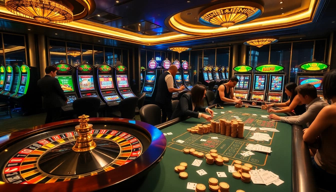 Experience the thrilling gameplay at BL555 with a vibrant casino scene showcasing roulette and poker.