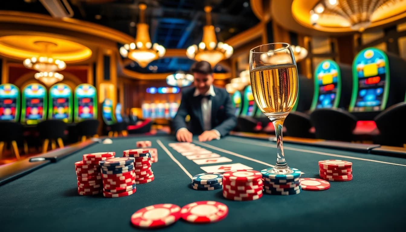 Spannende Casino-Szene mit Ragnaro Germany, Dealers und Spielelementen, die Glück und Spannung vermitteln.