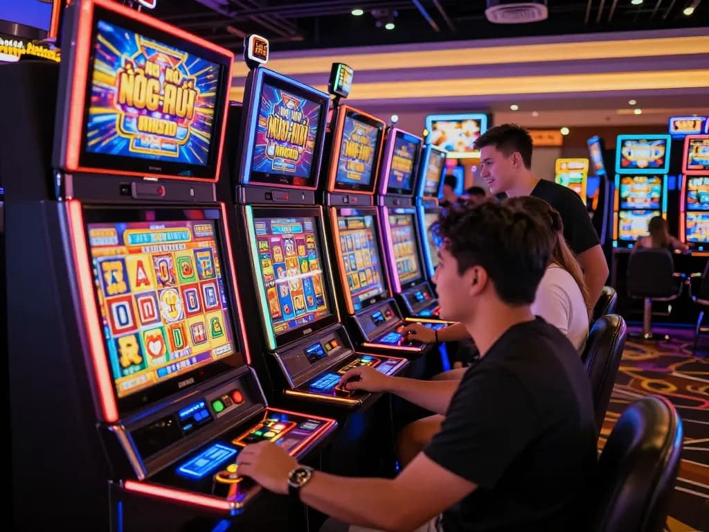 Experience nổ hũ mm88 excitement at colorful slot machines in a vibrant casino atmosphere.