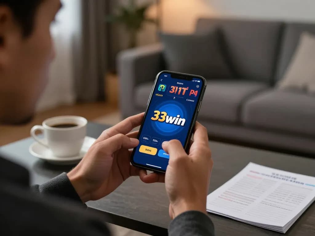 Engaging in online betting with the 33win app on a smartphone in a stylish home setting.